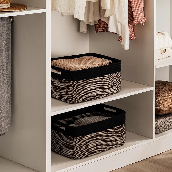 2 Pack Storage Baskets for Organizing, Large Woven Storage Basket, Black&Brown