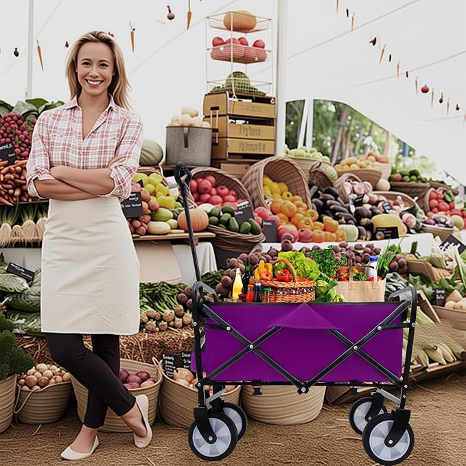 Collapsible Folding Outdoor Utility Wagon, Strap Collapsible Foldable Wagon Cart with Strapping System, Supports 225lbs (Purple)
