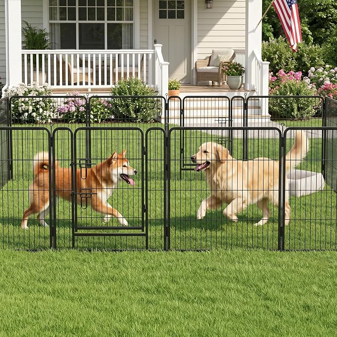 Metal Dog Playpen - 32" Height 16 Panels Foldable Exercise Pen for Dogs Indoor/Outdoor Pen with Door for Pet Animals Portable Pet Playpen Polygon Dog Enclosure (Black)
