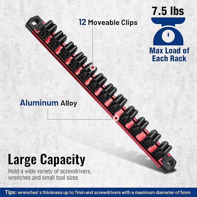 WORKPRO Magnetic Screwdriver and Wrench Organizer Set, 24-Slot Tool Holders | 2-Pack Aluminum Rails, Magnetic Force, Flexible High-Tension Tool Clips, For Tool Box Drawer & Wall-Mount Storage