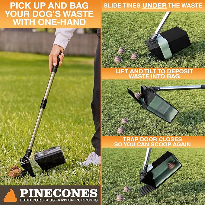 Neater Pet Brands Lift N’ Bag 2.0 Dog Pooper Scooper with Bag Attachment & 22" Pole for Small to Large Dogs, New & Improved Design, 195 Refill Bags, Heavy Duty Dog Poop Scooper for Yard, One-Hand Use