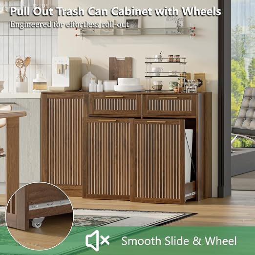 Double 13 Gallon Pull Out Trash Can Cabinet with Storage Cabinet,Walnut | Pet Proof Hidden Garbage Can Cabinet,3-Tier Shelves,Fluted Design,Extra Drawer Space,Kitchen & Dining Room Organization