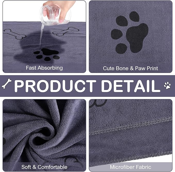 Chumia 8 Pcs Dog Towels for Drying Dogs Cats Pet Towels Bulk Puppy Microfiber Fast Drying Paw Bath Bathing Supplies Absorbent for Medium Pets(40 x 24 Inch,Dog Paw and Bone,Gray)