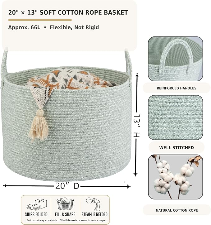 XUANGUO 66L Large Blanket Basket, Round Cotton Rope Basket, Light Green | 20" x 13" Laundry Basket with Sturdy Handles for Blankets, Pillows and Toys; Storage for Living Room, Bedroom and Nursery