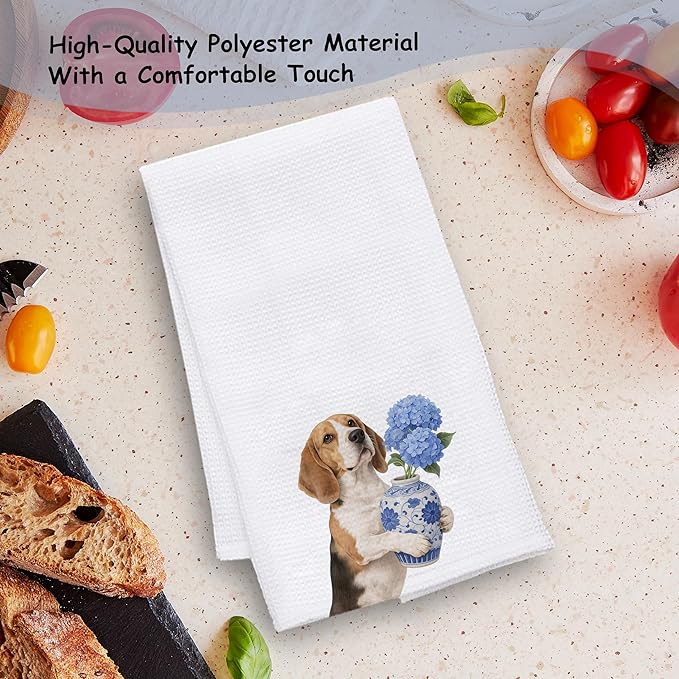 Blue Hydrangea Beagle Kitchen Towels, Beagle Lovers Gifts Dish Tea Towels for Kitchen Decor, Chinoiserie Porcelain Floral Dog Decorative Hand Towel Bathroom Decor, 16x24 Inch