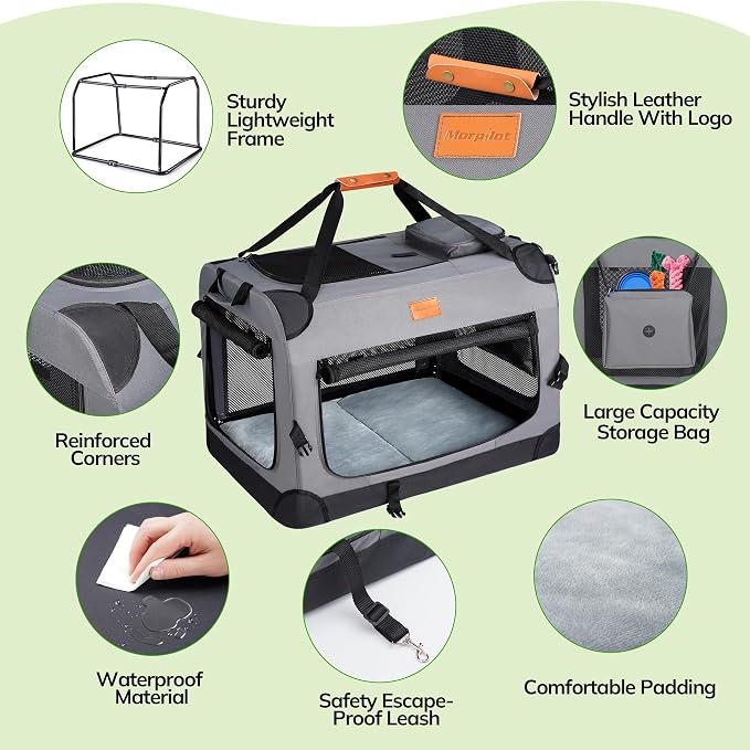 Morpilot 28-inch Portable Collapsible Dog Crate for Dogs up to 40lbs | Travel Dog Crate Soft-Sided for Small Medium Dogs, with Foldable Bowl, Shoulder Strap & Storage Pockets, Grey