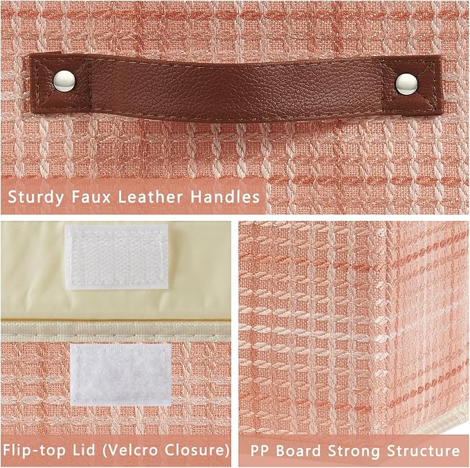 2PCS Storage Box with Lid Decorative Textured Fabric Bin Basket | Clothes Organizer for Closet Shelf, Collapsible Washable, w/ Faux Leather Handles, Light Salmon (3D Textured), Small