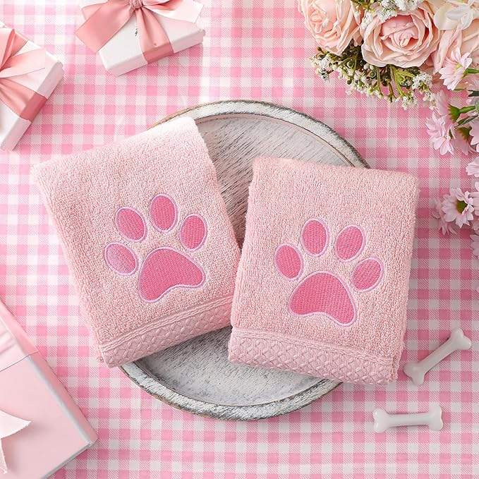 SmoothNovelty 2 Pcs Dog Paw Hand Towels Pink Bathroom Decor 13 x 29 Inch 100% Cotton Embroidered Soft Hand Towels Absorbent Farmhouse for Kitchen Restroom