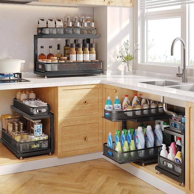 2-Pack 18.5 IN Depth Under Sink Organizer With Next-Gen Ball-Bearing Slides,Sophisticated Mesh 2-Tier Pull Out Shelf for Kitchen & Bathroom,Fits Small Items-Black