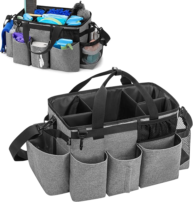 LoDrid Wearable Cleaning Caddy Bag with 4 Foldable Dividers, Grey | Cleaning Supply Organizer with Shoulder Strap and Side Handles for Cleaners & Housekeepers