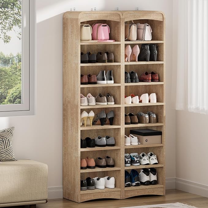 67.6” Tall Shoe Cabinet 8-Tier with Adjustable Shelves, Natural | Freestanding Shoes Organizer Cabinet for Entryway, Hallway, Living Room