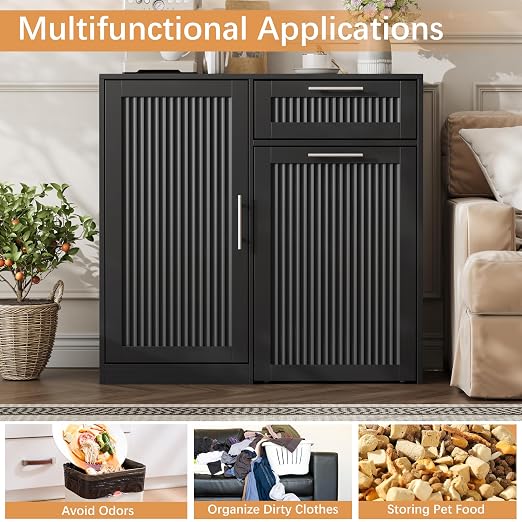 13 Gallons Pull Out Trash Can Cabinet with Storage, Black | Fluted Kitchen Trash Cabinet with Adjustable Shelf & Drawer, Hidden Wood Pet Proof Trash Can Holder for Laundry, Living Room