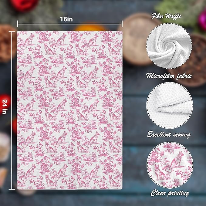 Pink Chinoiserie German Shepherd Kitchen Towels, Pink Floral Botanical Grandmillennial Dog Decor Dish Tea Towels, German Shepherd Gifts Hand Towels for Kitchen Bathroom, 16x24 Inch