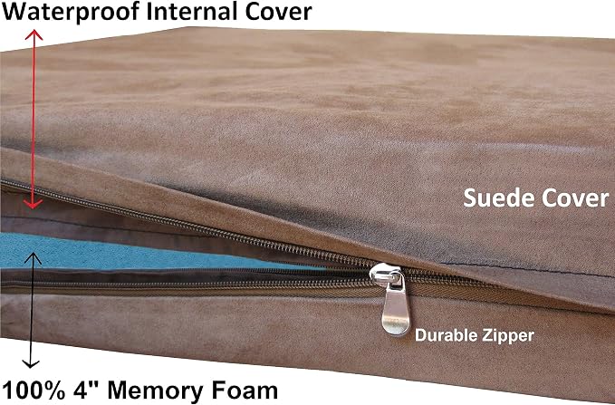 Dogbed4less Orthopedic Dog Bed with Gel Memory Foam for Medium Large Pet, Waterproof Liner, Durable Microsuede Brown Cover, 41X27X4 Inch (Fit 42X28 Crate)