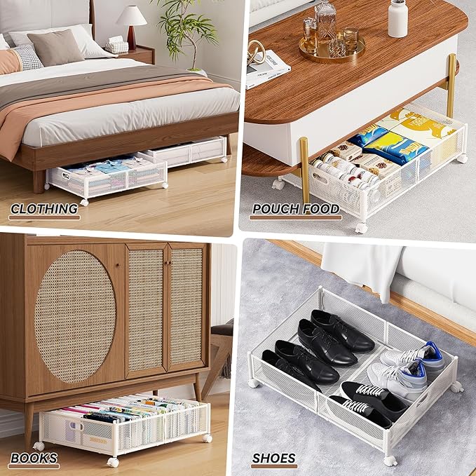 Under Bed Storage with Wheels & Handle,Sturdy Metal,2 Pack,White | Tool-free assembly, glide smoothly, easy reach, foldable, maxmazie low-profile beds, dorm, keep seasonal clothes, shoes fresh