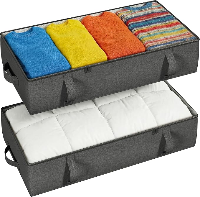 2-Pack Under Bed Storage Containers, 8 Inches Tall Clothes Storage, Black | Large Capacity Collapsible Underbed Organizer with Sturdy Sidewalls/Bottom, Cotton Linen Bins, For Seasonal Clothes & Bedding