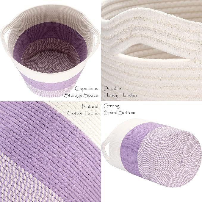 Sea Team Large Woven Cotton Rope Laundry Basket with Handles, 20 x 14 in | Collapsible Knitted Hamper, Closet Shelf Organizers, Containers for Clothing, Blankets, Toys, Bedding, Mottled Lavender