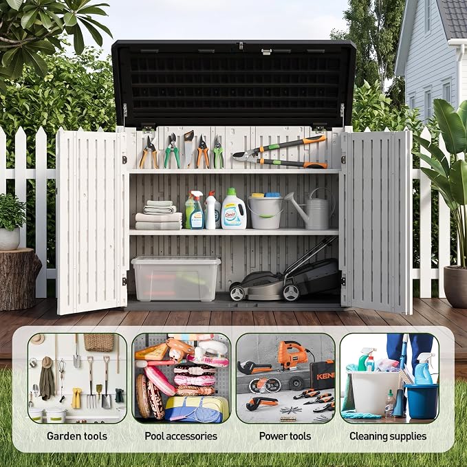 31 Cu.Ft Resin Outdoor Storage Cabinet with 2 Shelves & Floor, Weatherproof Plastic Vertical Outdoor Storage Shed for Garden Backyard Patio Pool Tool