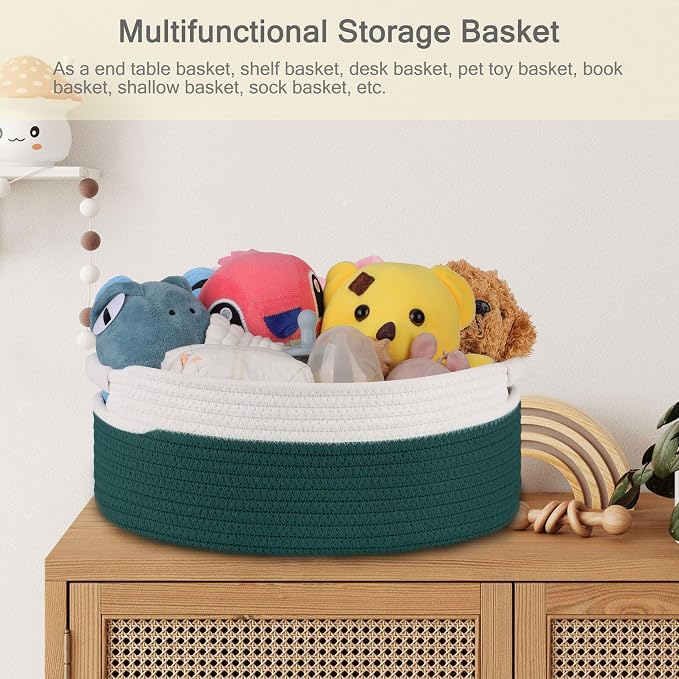 Small Woven Gift Basket with Bag & Ribbons, Dark Green | Cotton Rope, 13”x 9”x 5.5”, Fits for Kids, Women & Men, Bedroom, Living Room, Nursery & Bathroom Storage, Cat & Dog Toy Boxes