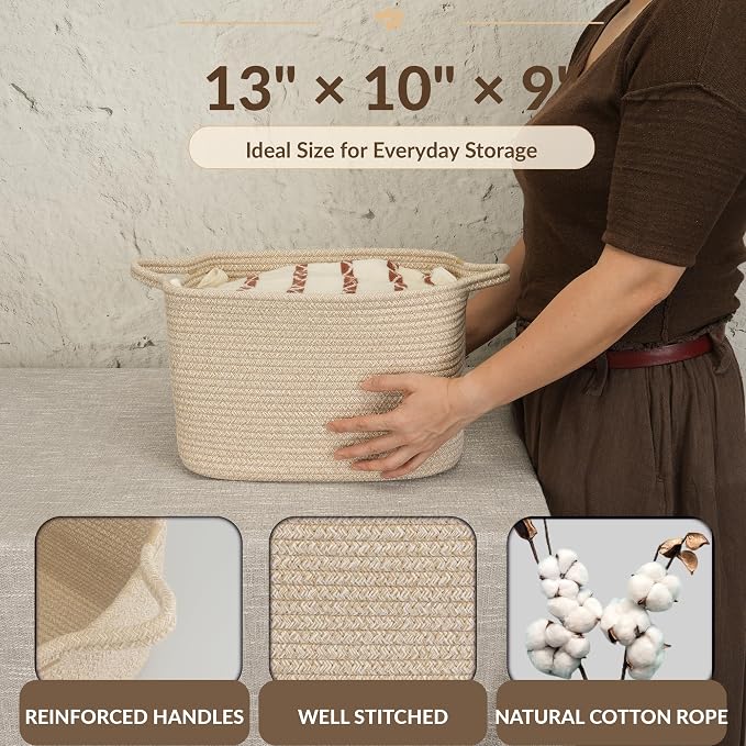 XUANGUO Woven Cotton Rope Storage Basket with Handles 13x10x9 inch Oatmeal | Woven cotton rope basket for shelves and closets. Perfect for toys, books, clothes, nursery storage and gift baskets