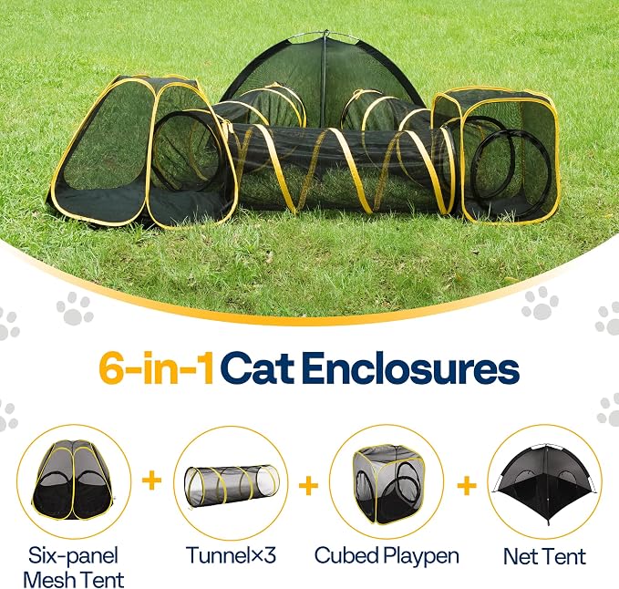 VIVOHOME 6-in-1 Outdoor Cat Enclosure with Playhouse, 2 Tents & 3 Tunnels | Portable Cat Playground with Leash and Mint Ball, Cat Tunnels with Tent Cube for Kitty Small Animals Camping Indoor Outdoor