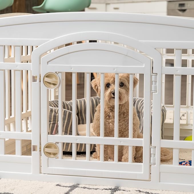 IRIS USA 6-Panel Dog Playpen, Pet Enclosure, White | Puppy Training, Custom Pen Configuration, Flexible Boundary, Configurable Layout, Secure Door Latch, Stable Non-Tip Base