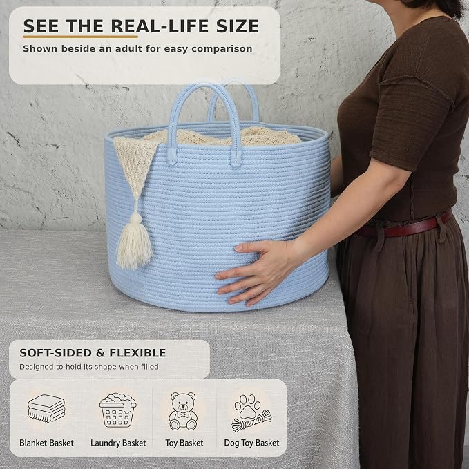 XUANGUO 66L Large Blanket Basket, Round Cotton Rope Basket, Blue | 20" x 13" Laundry Basket with Sturdy Handles for Blankets, Pillows and Toys; Storage for Living Room, Bedroom and Nursery