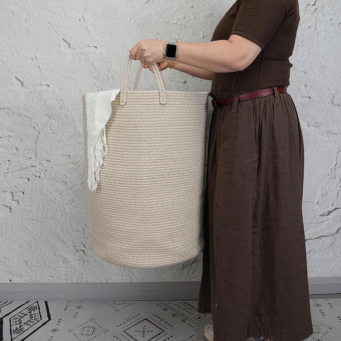 Woven Cotton Rope Laundry Basket Hamper, 16" x 22" Large Oatmeal | Rope storage basket for dirty clothes, toys and blankets. Perfect for bathroom, baby nursery and living room storage.