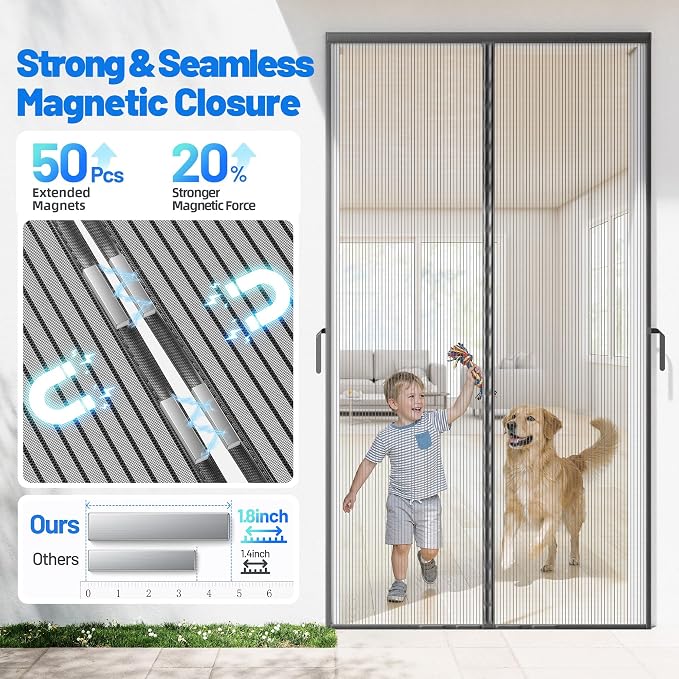 Heavy Duty Magnetic Screen Door Mesh, Door Net Screen with 50 Magnets | Pet & Kid Friendly, Auto-Sealing PET Fine Mesh Doors Screen Keep Bugs Out Fits Front Doors Size 36"x82" - Screen Size 38"x84"