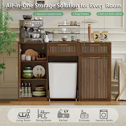 Double 13 Gallon Pull Out Trash Can Cabinet with Storage Cabinet,Walnut | Pet Proof Hidden Garbage Can Cabinet,3-Tier Shelves,Fluted Design,Extra Drawer Space,Kitchen & Dining Room Organization