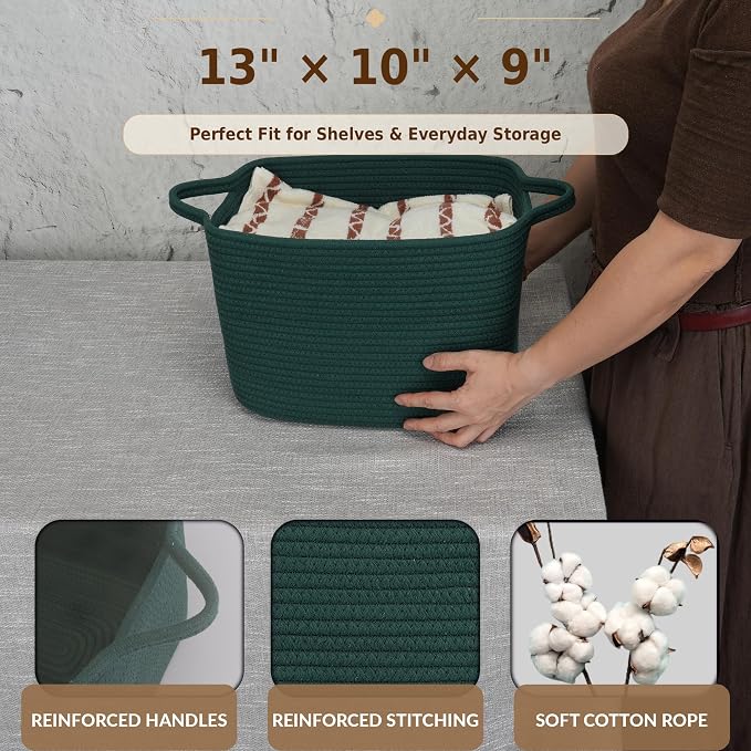 XUANGUO Woven Cotton Rope Storage Basket13x10x9 inch Forest Green | Woven cotton rope basket for shelves and closets. Perfect for toys, books, clothes, nursery storage and gift baskets.