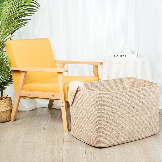 112L Extra Large Blanket Basket Holder Living Room, 25"x17"x16" Rectangle Rope Woven Storage Basket with Handles for Laundry, Towels, Shoes, Dog Toy Organizer Bin Box, Oatmeal Brown