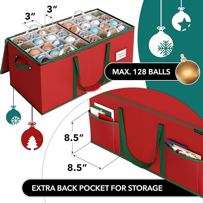 Simple Houseware 128 Christmas Ornament Storage Box with Adjustable Divider | Heavy-Duty