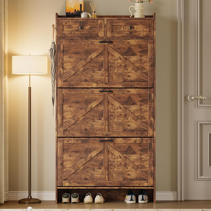 BORNOON Shoe Storage Cabinet for Entryway, Farmhouse Narrow Shoe Cabinet with 3 Flip Drawers & 2 Top Drawers, Adjustable Shelves & Hooks, Freestanding Hidden Rack Organizer for Hallway, Foyer