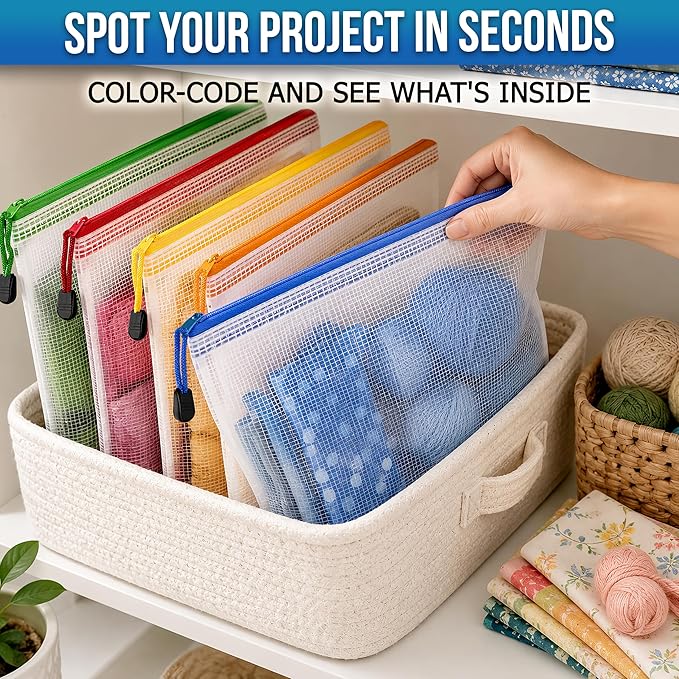 5 Pack Clear Project Bags with Zipper B4 (12x15in) - Craft Storage Bag for Needlepoint, Cross Stitch and Quilting - Heavy Duty Zip Project Bags for Organization 5 Colors: Red Yellow Green Blue Orange