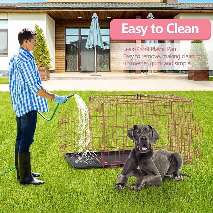 Foldable Double Door 48" Dog Crate with Leak-Proof Tray & Portable Dog Cage for Large Dogs - Collapsible, Indoor