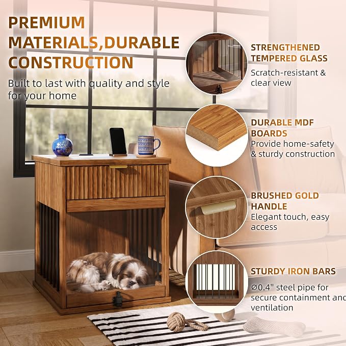 23.6" Small Dog Crate End Table with Charging Station, Dogs Kennel Furniture with Tempered Glass Door and Drawer, Wooden Decorative Dog Crates for Small Medium Dogs, Walnut