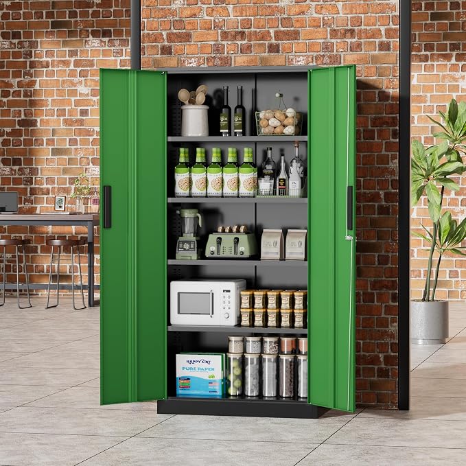 Greenvelly Metal Storage Cabinet, 72" Locking Metal Garage Storage Cabinet with Doors and 4 Adjustable Shelves, Lockable Steel Cabinet for Home Office, Garage, Shop, School (Green 32" W x 16" D)