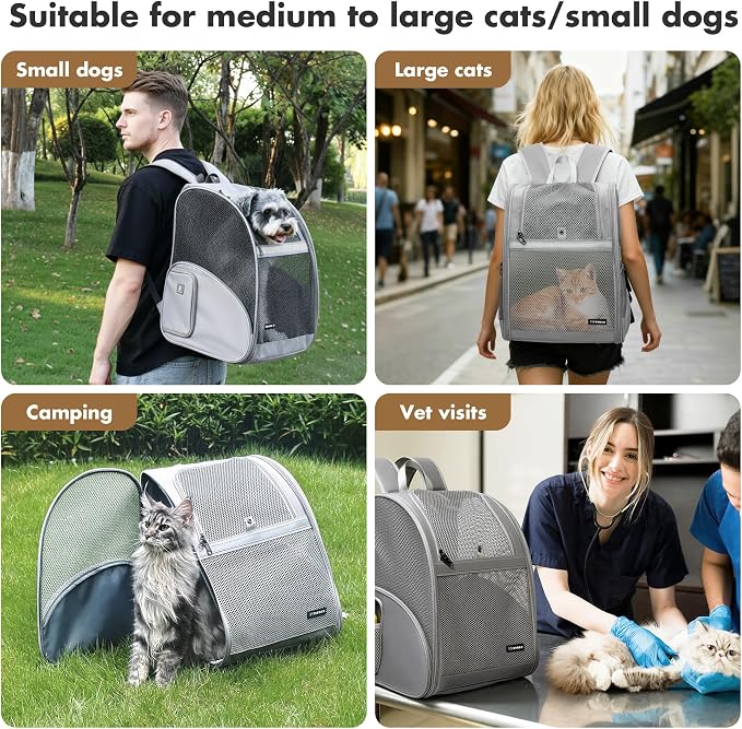 Pet Backpack Carrier ，Large Cat Carrier Backpack Up to 20 Lbs with Breathable Mesh, for Medium Large Cats or Small Dogs, Travel Hiking Camping Backpack (Gray-XL)