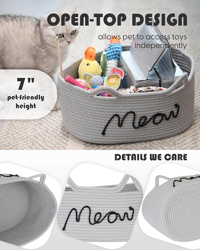 Sea Team Cat Toy Storage Basket with Handles and Ears, Gray Meow | Large Cotton Rope Storage Bin, Shelf Basket, Organizer for Pet Chew Toys, Foods, 16.5 x 11 x 7 Inches, 4.4 Gallons