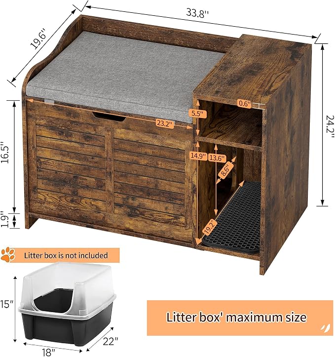 Cat Litter Box Enclosures Large Hidden Cat Litter Box Furniture Enclosure w/Top Opening Door, Wooden End Table Pet House w/Storage Shelf, Cushion & Mat, Dog Proof Design for Easy Cleaning