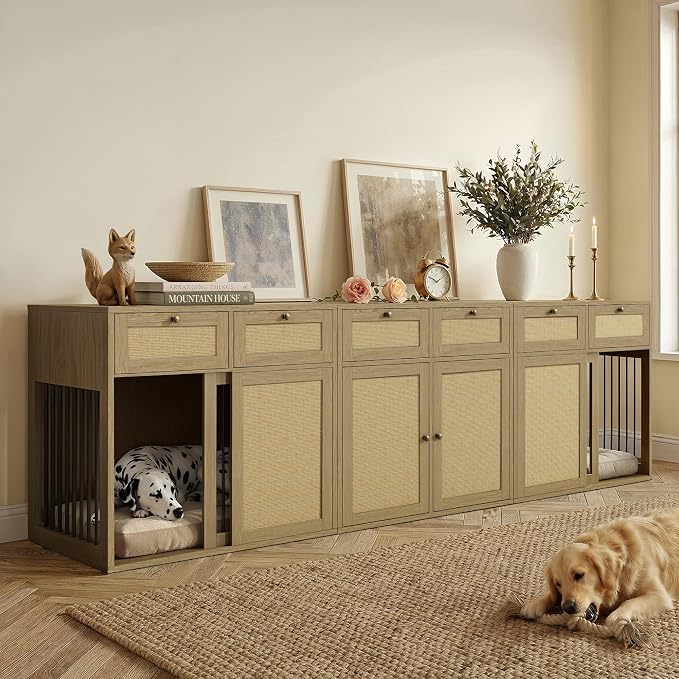 PureCozy 3-Piece Double Dog Crate Furniture, 120 Inch, Light Oak | Left and right kennels for 2 dogs plus center cane storage cabinet; metal sliding doors and 6 total drawers.
