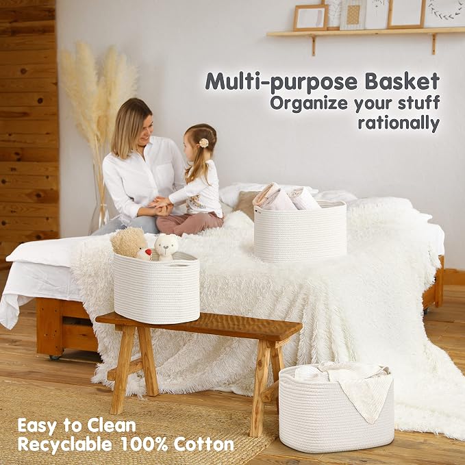 CHAT BLANC Cotton Rope Baskets for Organizing, Shelves, Toys, Storage, Shoe, Bathroom, Laundry, Towel, Nursery, Home Decor, Blanket, Cloth Woven Bins Fabric (Creamy White, 15"x10"x9")