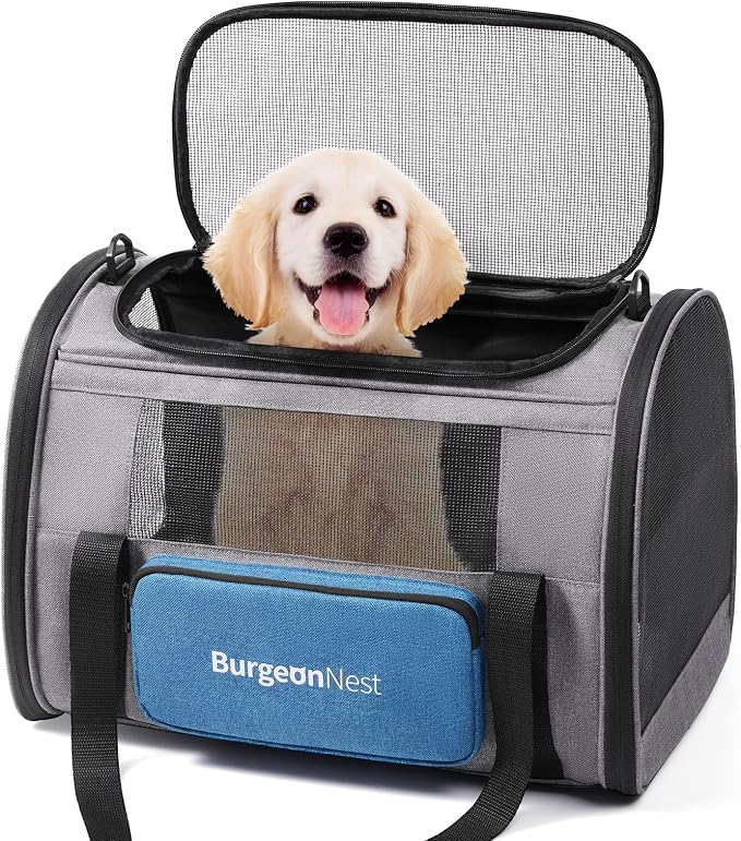 BurgeonNest Pet Carrier for Large Cats up to 25 lbs with Unique Side Bag | Soft-Sided Top Load Pet Crate for Big Cats Small Dogs, Stable Steel Frame with 4 Ventilated Windows, Car Travel, Large Blue