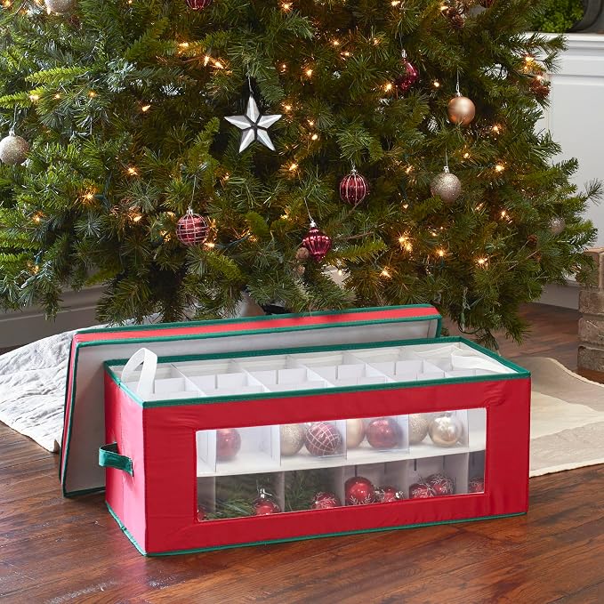 Household Essentials Ornament Storage Box, 36 Piece with Dividers, Sturdy and Stackable with Handles and Clear Plastic Window, Red Polyester Linen with Green Trim