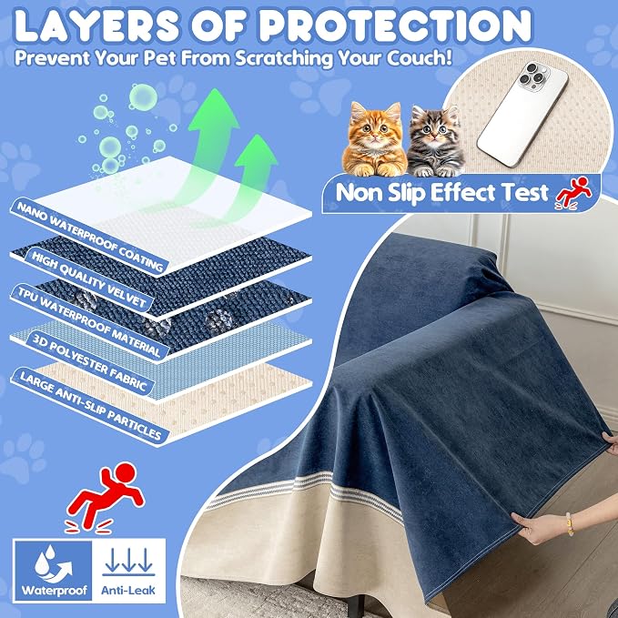 Loiion Cat Scratch Proof Furniture Protector Waterproof Sofa Cover 118"x91" | Pet-Friendly Couch Protector, Anti-Scratch & Anti-Slip Sofa Cover For Cats Dogs Kids, Machine Washable