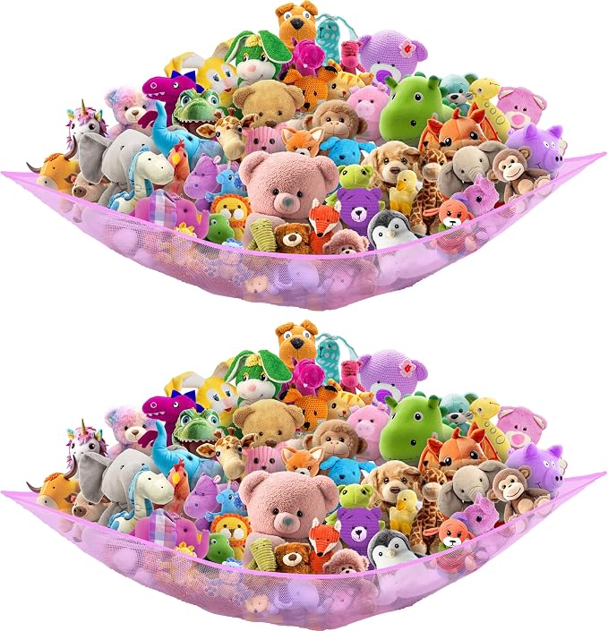 Simple Houseware 2 Pack Stuffed Animal Toy Hammock Net, Pink | Jumbo Size Corner Wall Storage for Kids Room