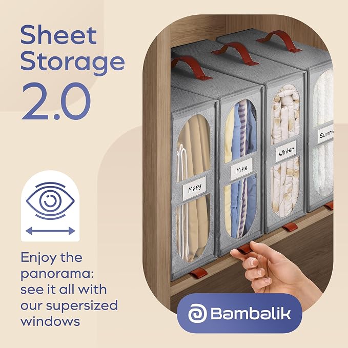 8x Bed Sheet Organizer Storage Boxes with Big See-Through Windows | Bedsheet Organizers Redesigned. Robust Bed Sheet Storage | 15x13x5 Inches Sheet Organizers Containers (Gray)