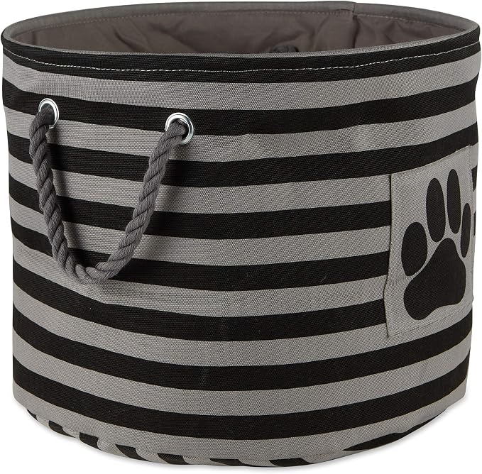 Bone Dry Pet Storage Collection Striped Paw Patch Bin, Black, Small Round