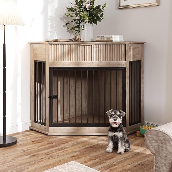 44.6" Corner Dog Crate Furniture for Small Medium Dogs, Modern Medium Size Decorative Dog Crates End Table with Fluted Drawer, Wooden Dogs Cage Kennel Furniture for Home Décor, Grey Oak
